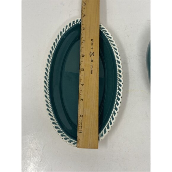 Harker Pottery Corinthian Teal Green Gravy Boat & Plate White Trim Harkerware - Picture 7 of 11